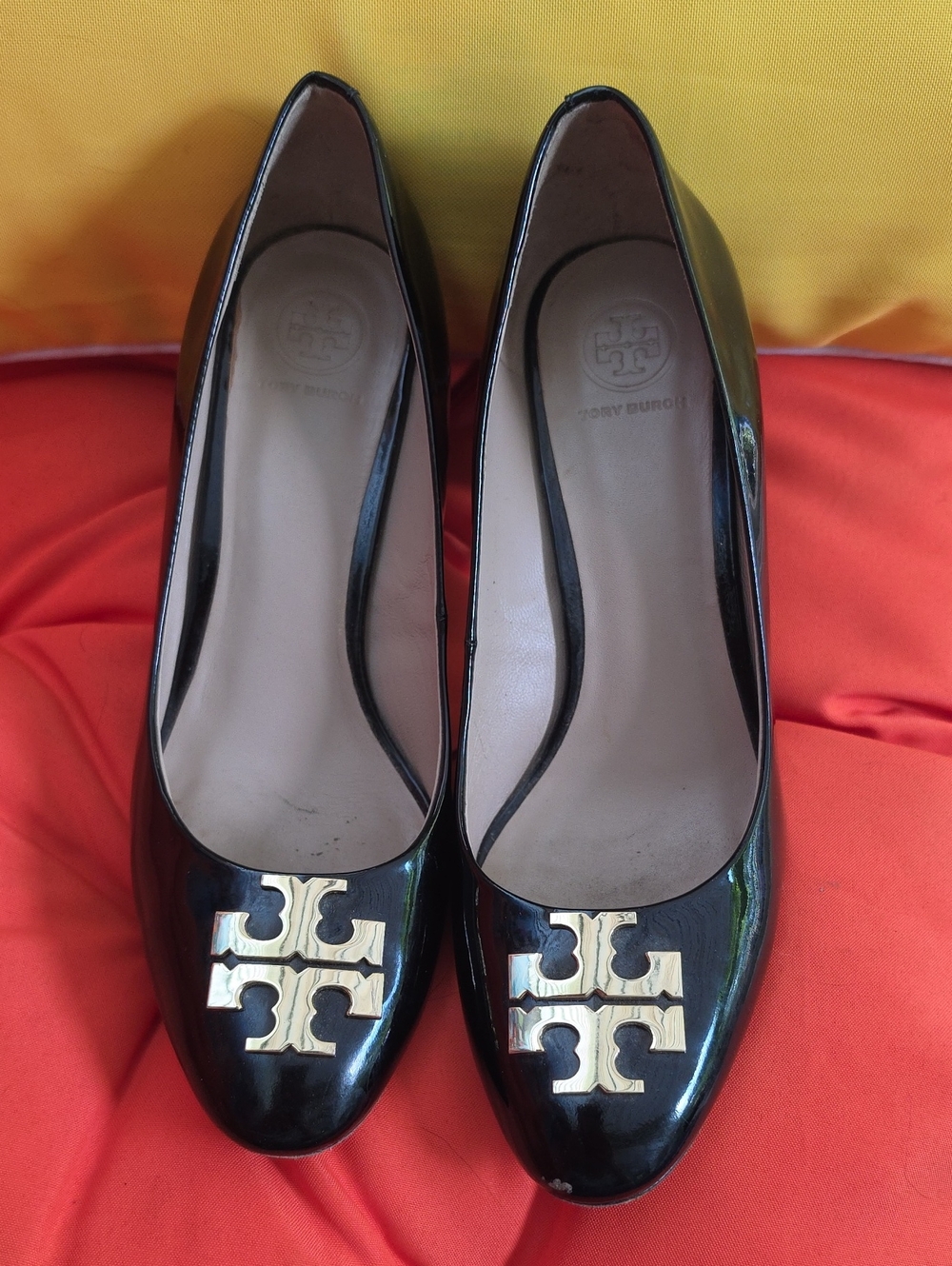 Tory Burch Black Patent Leather Flats with Gold Logo